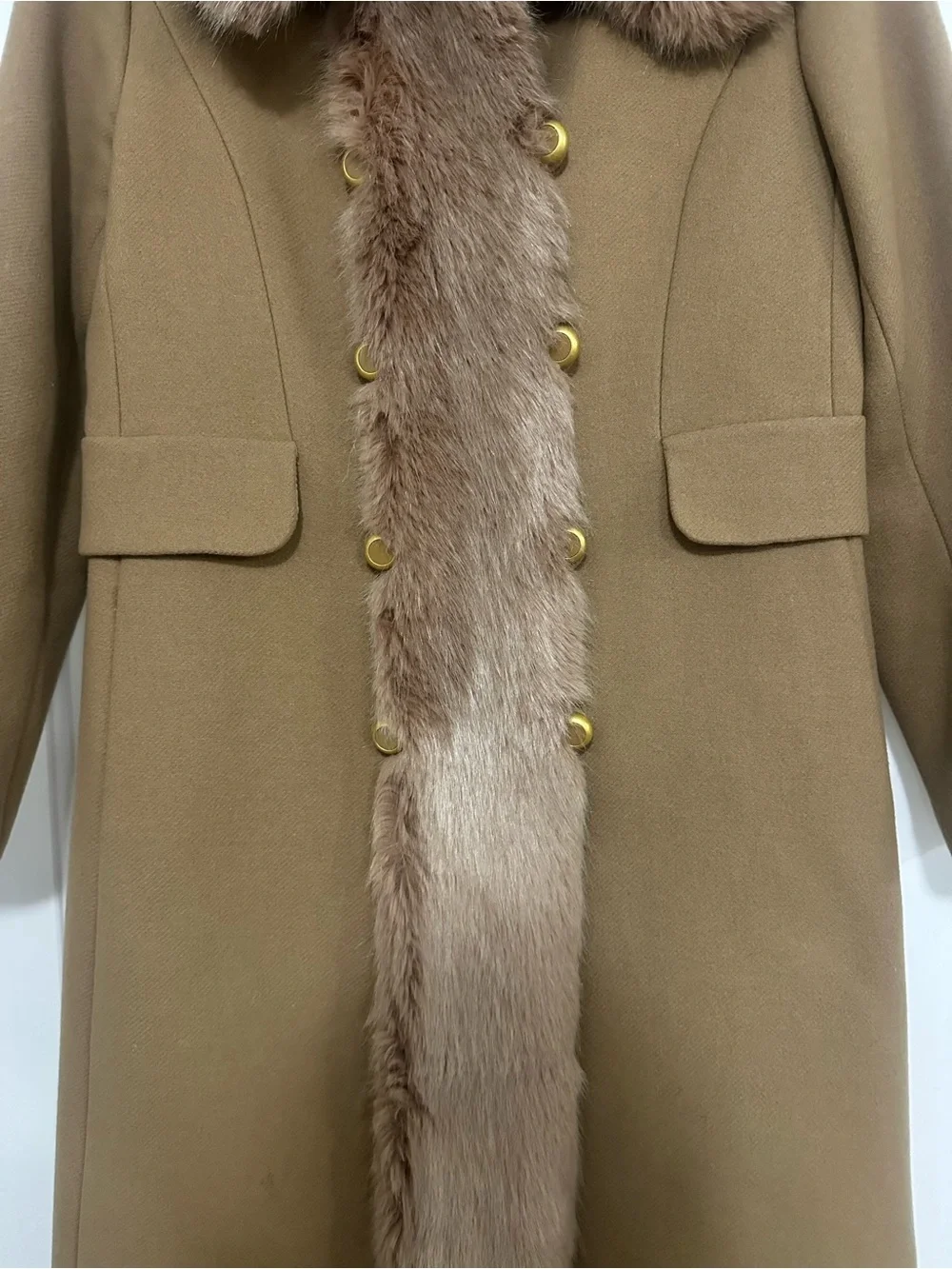 Tory Burch Celeste Coat Camel Faux Fur Collar Double Breasted Size 6